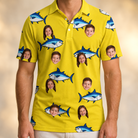 Model wearing Men's Bluefin Banter Custom Face Polo Shirt printed with kids' faces