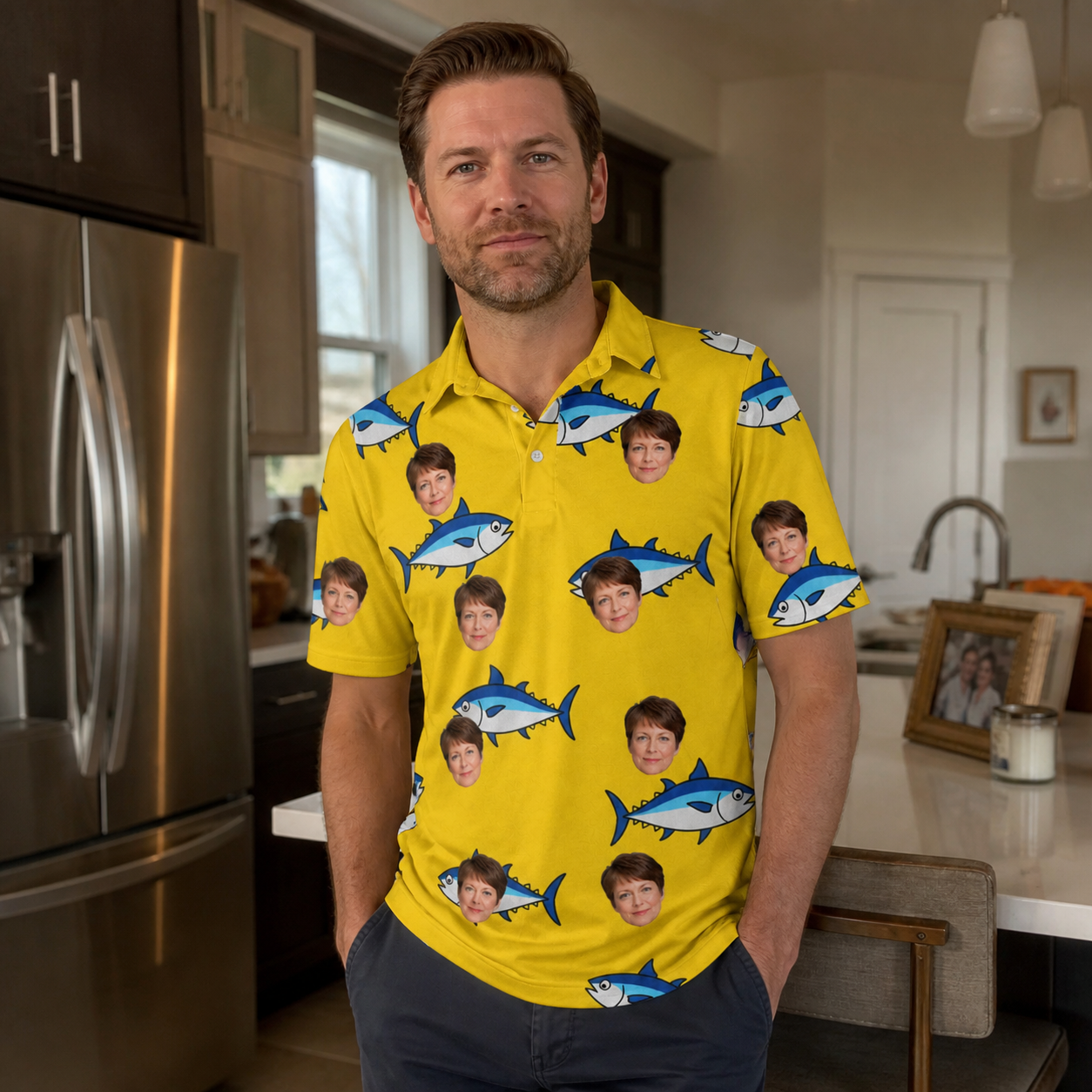 Real-life photo of someone wearing Men's Bluefin Banter Custom Face Polo Shirt — custom faces printed all-over