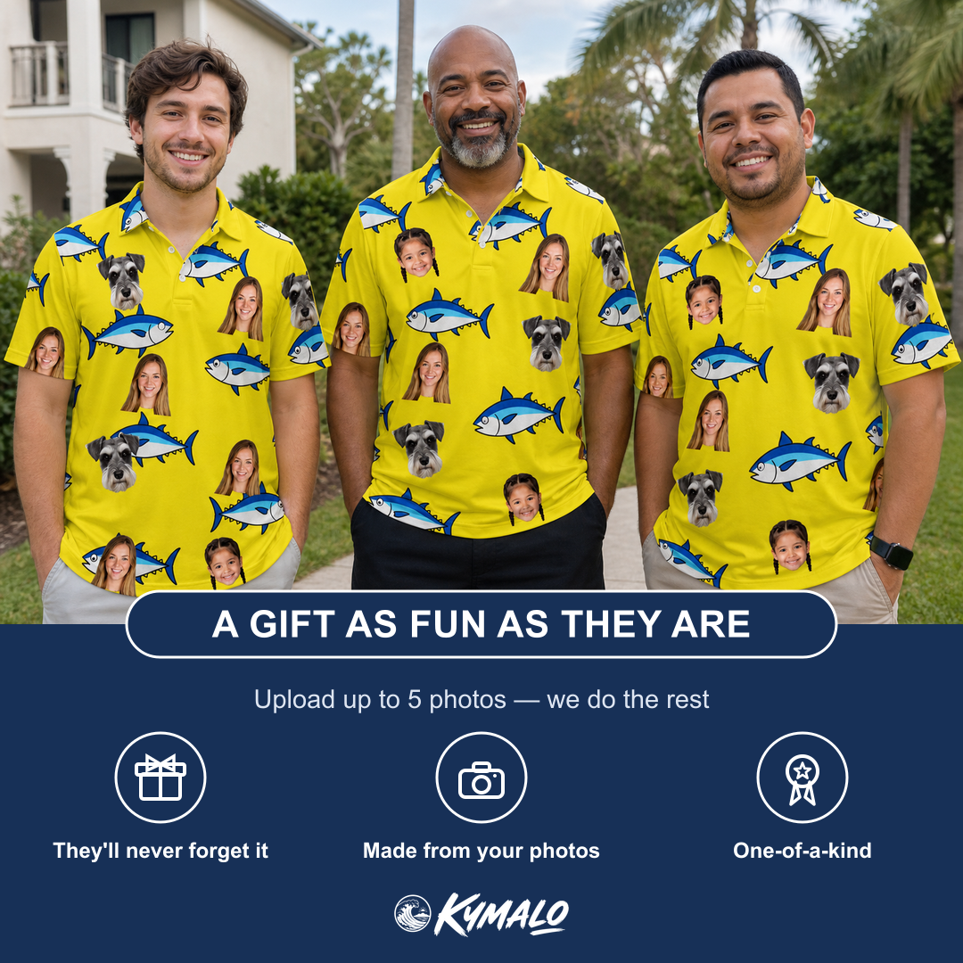 Friends in matching Men's Bluefin Banter Custom Face Polo Shirt — a group gift photo