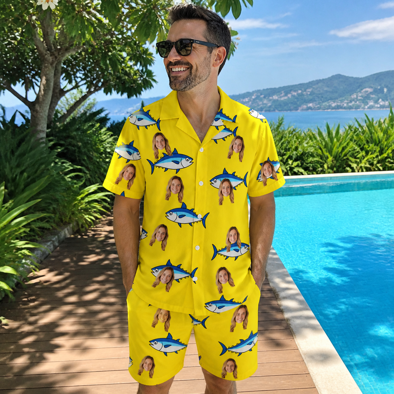 Real-life photo of someone wearing Men's Bluefin Banter Custom Face Shirt & Shorts Set — custom faces printed all-over