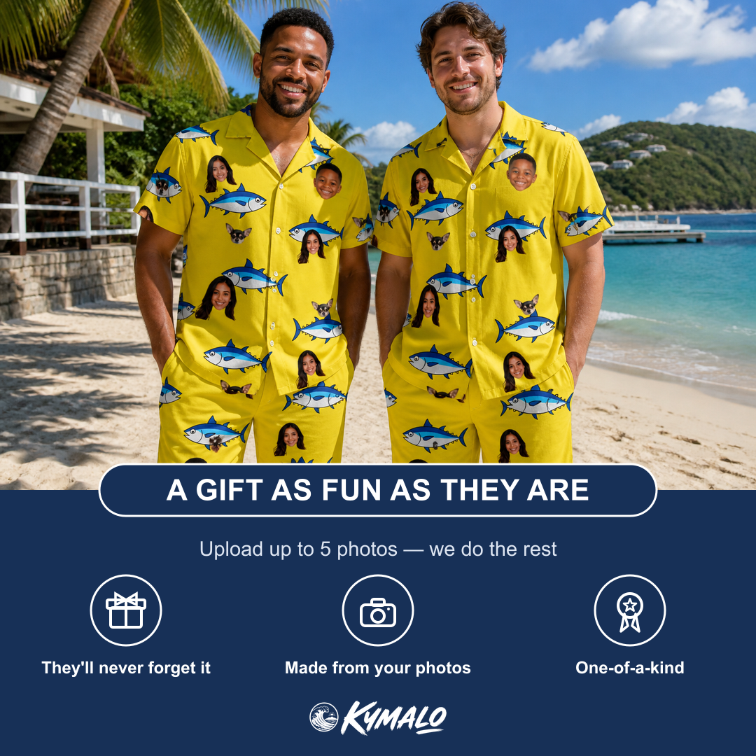 Friends in matching Men's Bluefin Banter Custom Face Shirt & Shorts Set — a group gift photo