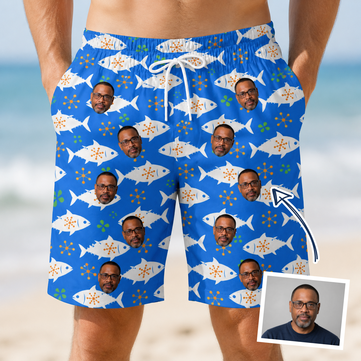 Man wearing Men's Tuna Trawl Custom Face Beach Shorts — custom faces printed all-over