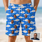 Man wearing Men's Tuna Trawl Custom Face Beach Shorts — custom faces printed all-over