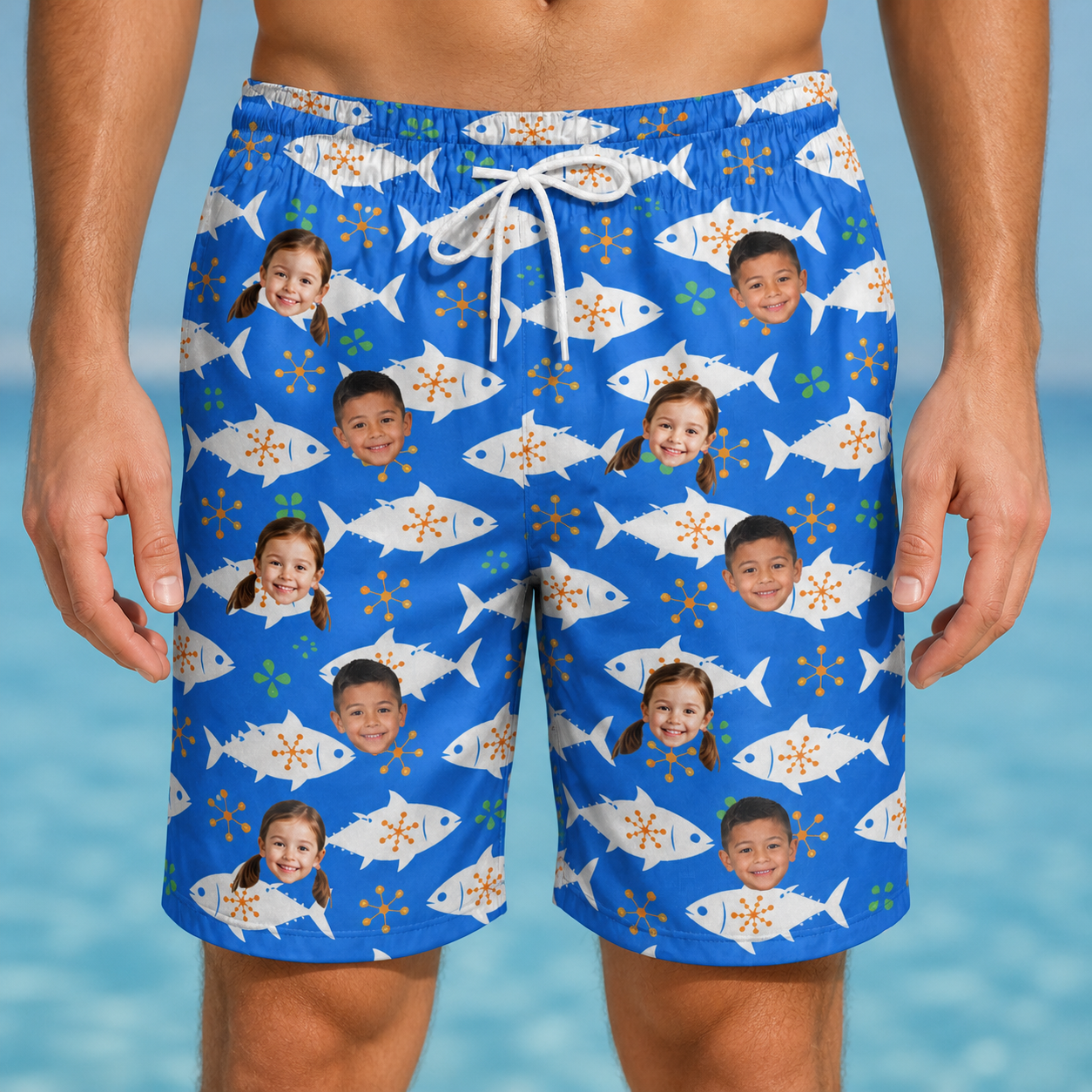 Model wearing Men's Tuna Trawl Custom Face Beach Shorts printed with kids' faces