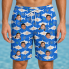 Model wearing Men's Tuna Trawl Custom Face Beach Shorts printed with kids' faces