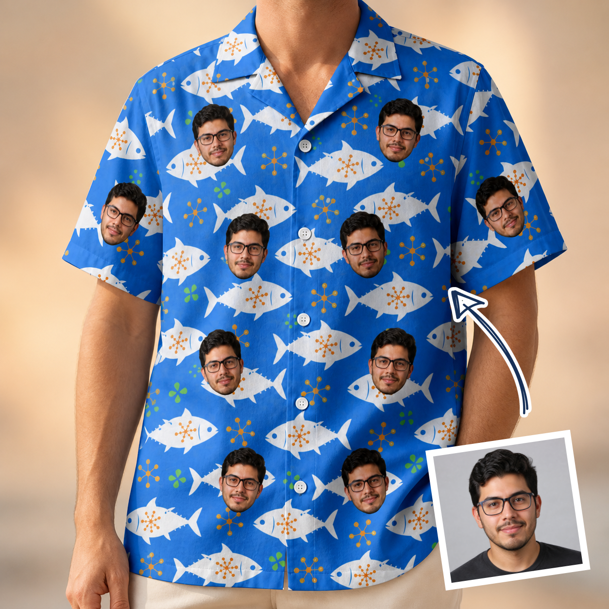 Man wearing Men's Tuna Trawl Custom Face Hawaiian Shirt — custom faces printed all-over