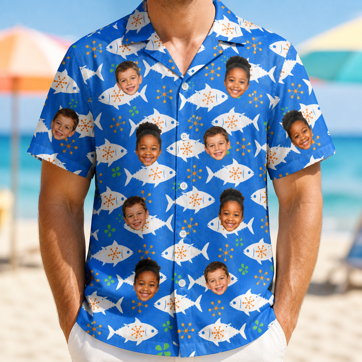 Model wearing Men's Tuna Trawl Custom Face Hawaiian Shirt printed with kids' faces