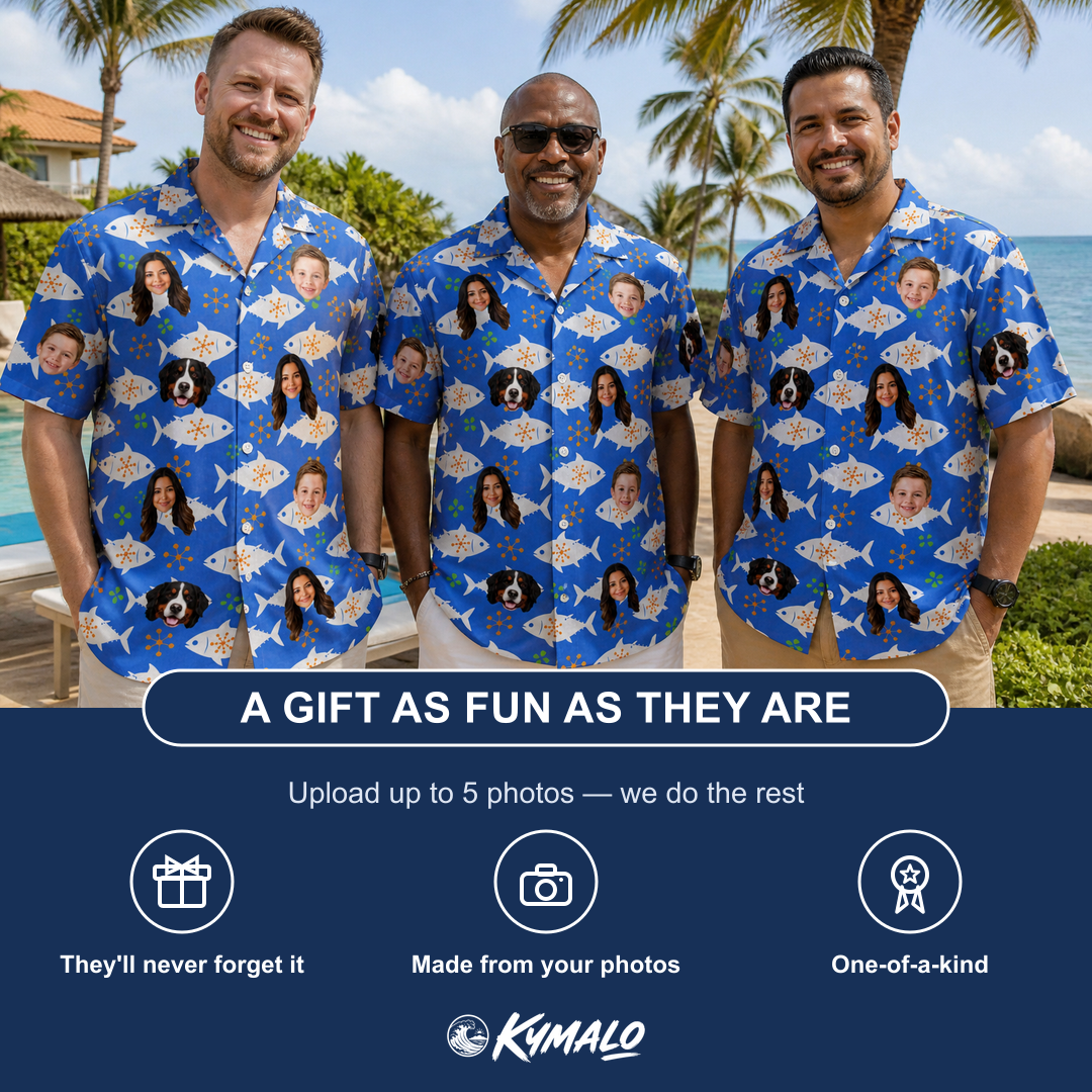 Friends in matching Men's Tuna Trawl Custom Face Hawaiian Shirt — a group gift photo