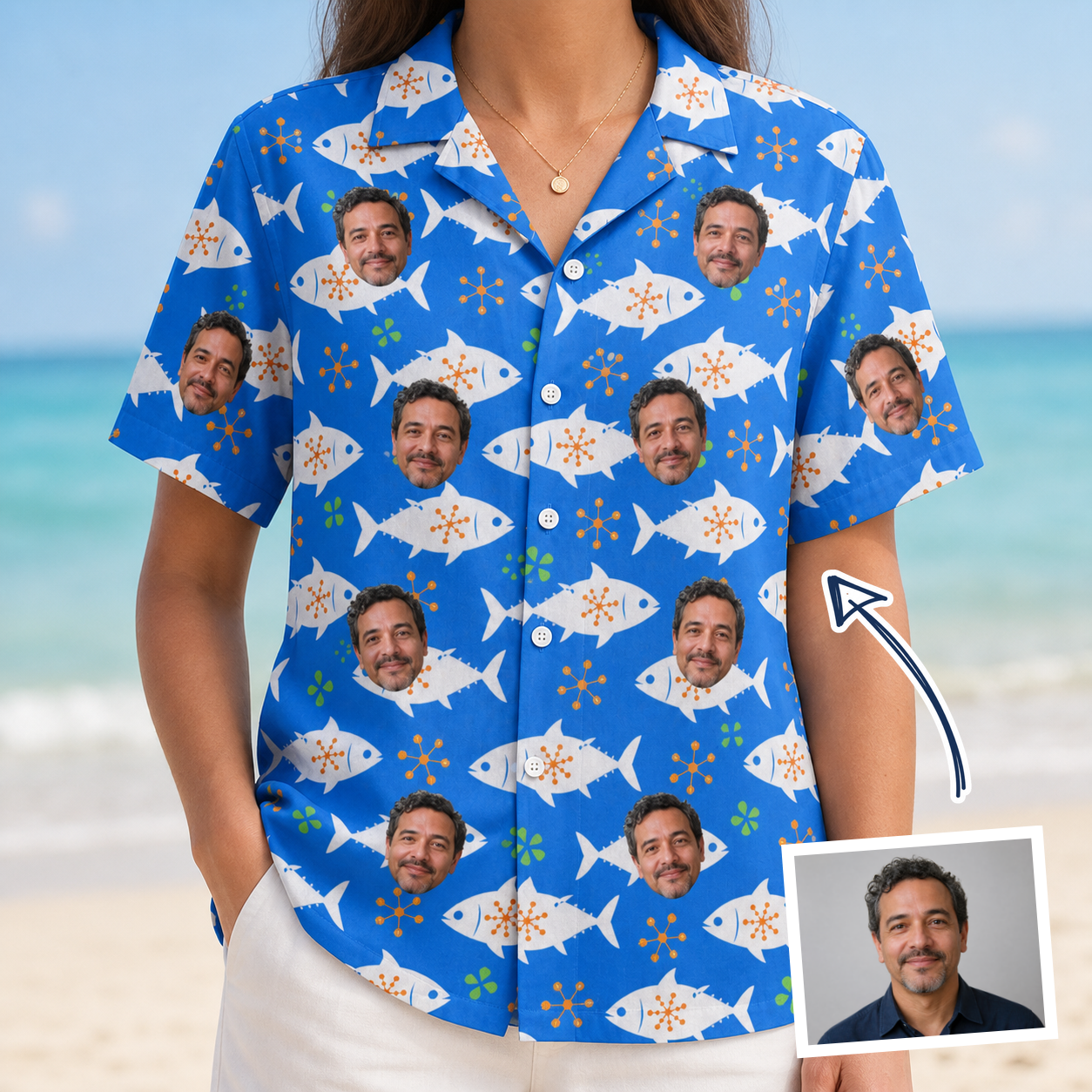 Woman wearing Women's Tuna Trawl Custom Face Hawaiian Shirt — custom faces printed all-over