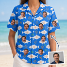 Woman wearing Women's Tuna Trawl Custom Face Hawaiian Shirt — custom faces printed all-over