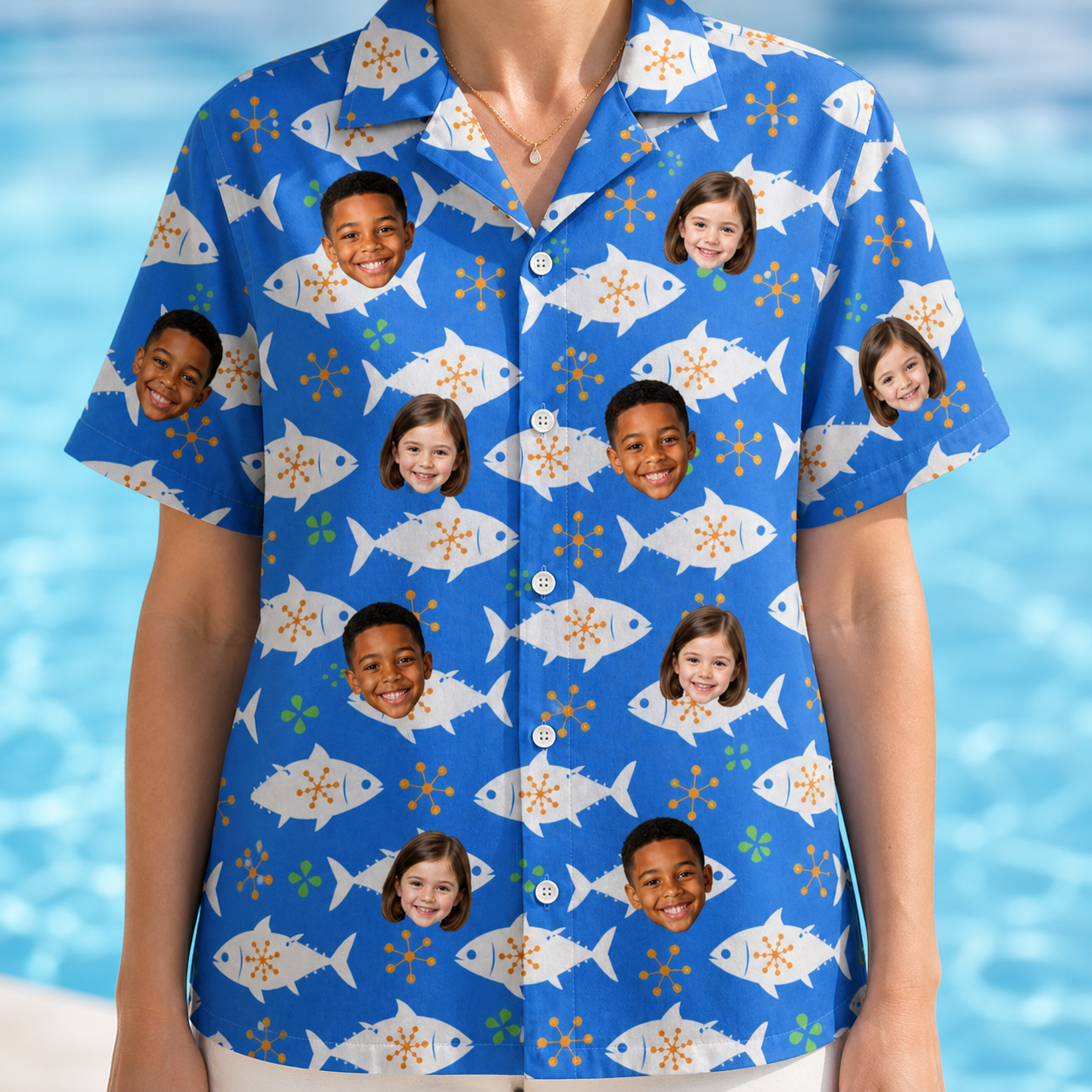 Model wearing Women's Tuna Trawl Custom Face Hawaiian Shirt printed with kids' faces