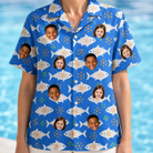 Model wearing Women's Tuna Trawl Custom Face Hawaiian Shirt printed with kids' faces