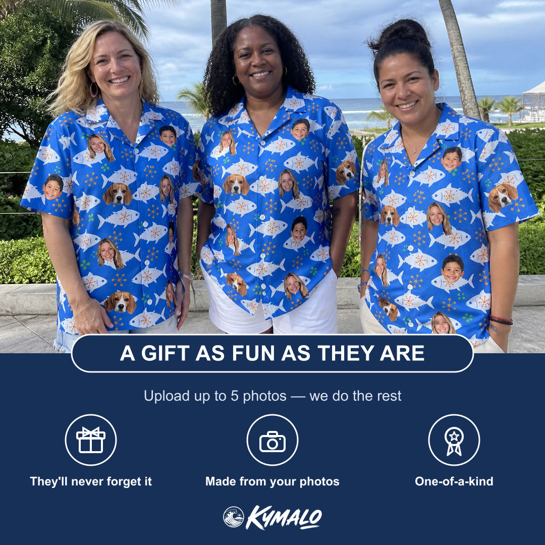 Friends in matching Women's Tuna Trawl Custom Face Hawaiian Shirt — a group gift photo