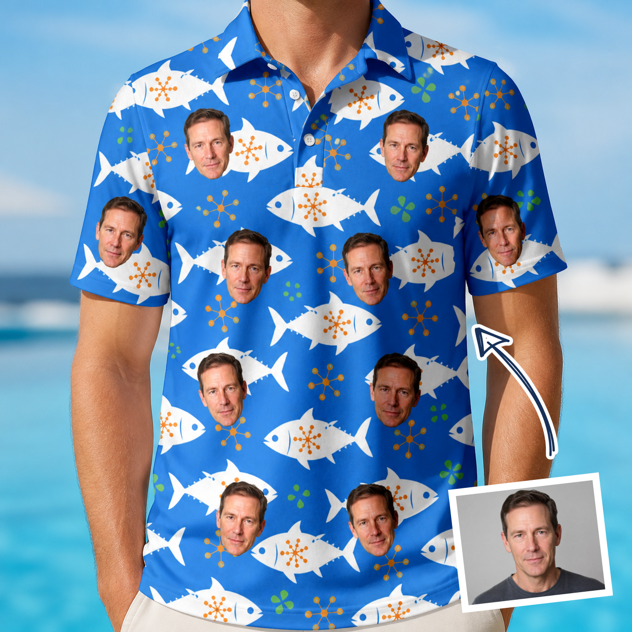 Man wearing Men's Tuna Trawl Custom Face Polo Shirt — custom faces printed all-over