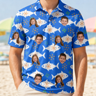 Model wearing Men's Tuna Trawl Custom Face Polo Shirt printed with kids' faces