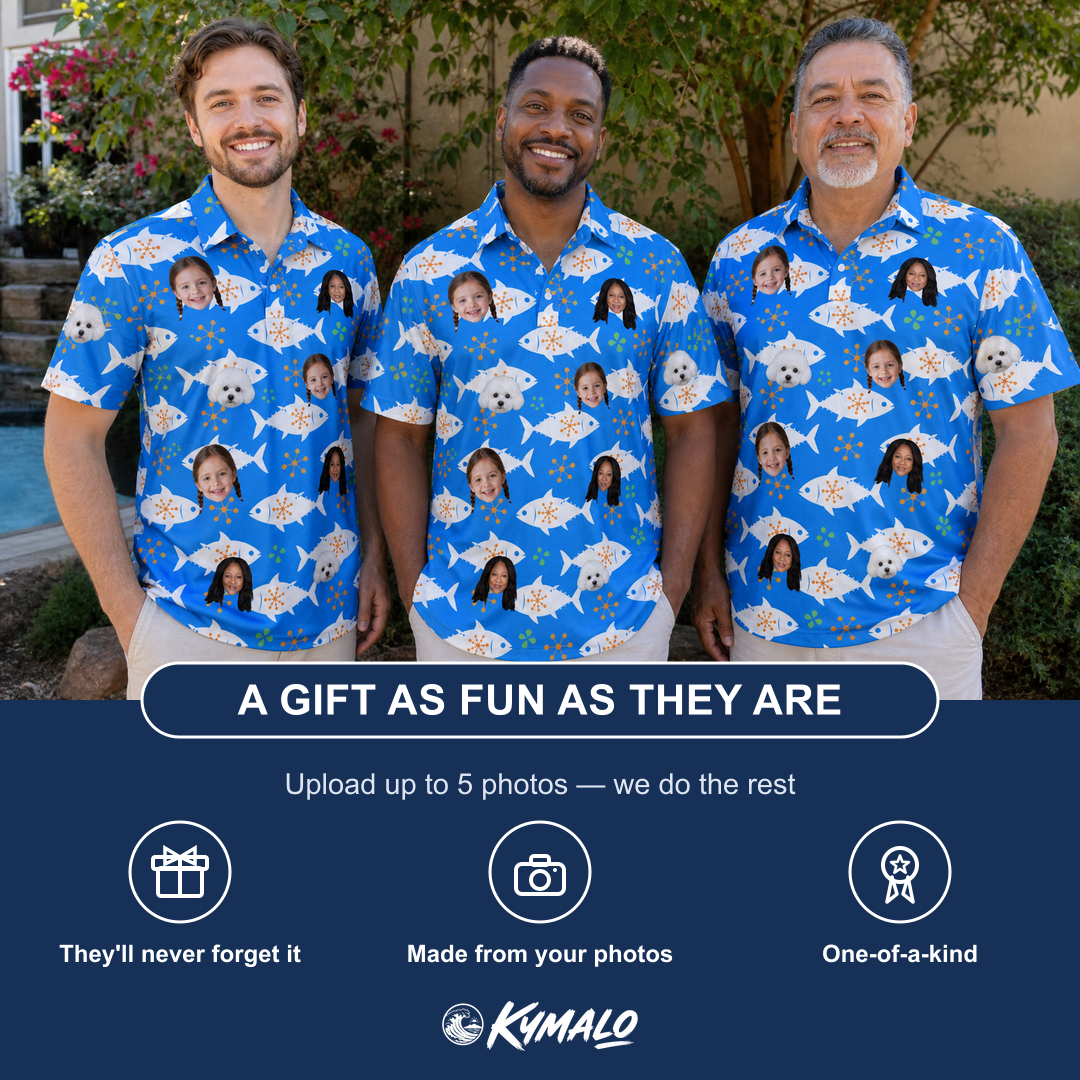 Friends in matching Men's Tuna Trawl Custom Face Polo Shirt — a group gift photo