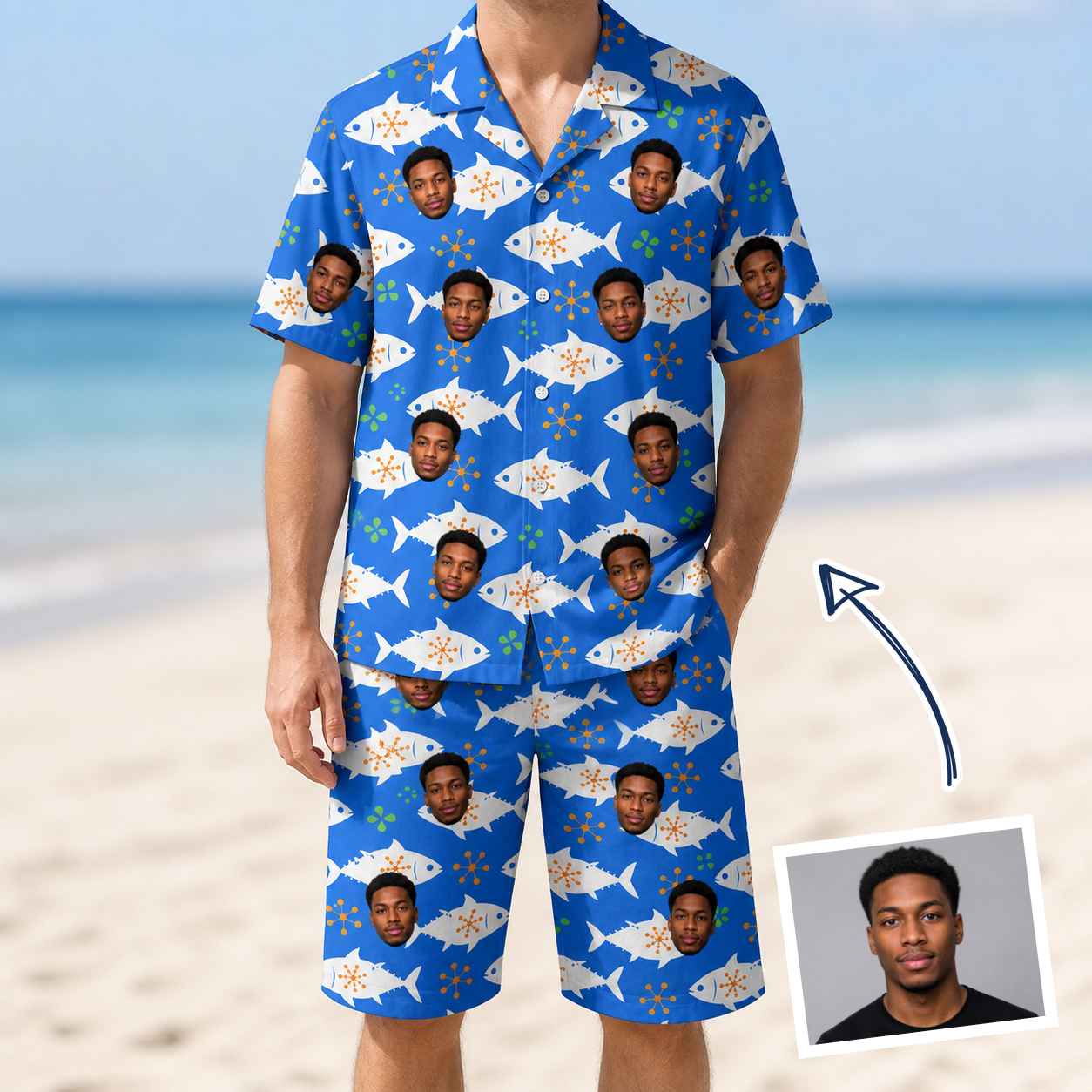 Man wearing Men's Tuna Trawl Custom Face Shirt & Shorts Set — custom faces printed all-over