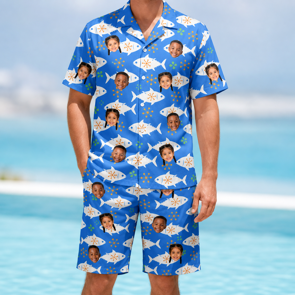 Model wearing Men's Tuna Trawl Custom Face Shirt & Shorts Set printed with kids' faces
