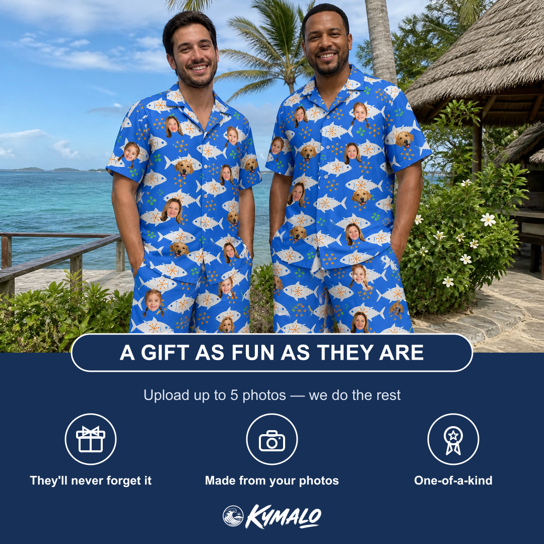 Friends in matching Men's Tuna Trawl Custom Face Shirt & Shorts Set — a group gift photo