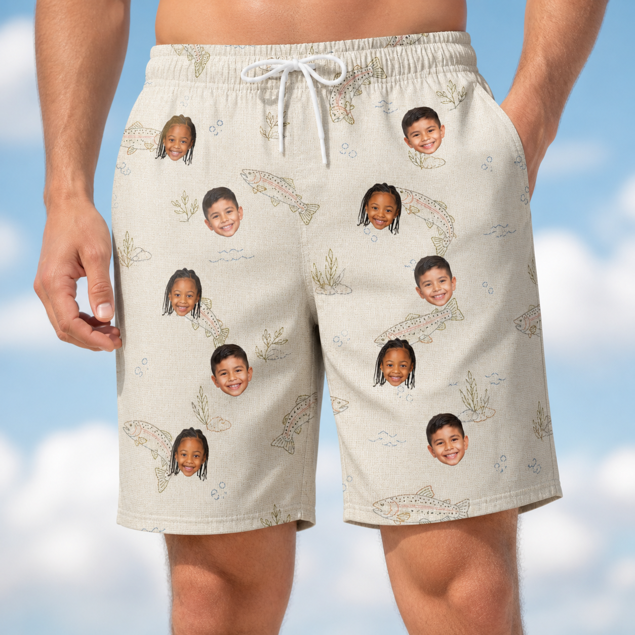 Model wearing Men's Creek Chic Custom Face Beach Shorts printed with kids' faces