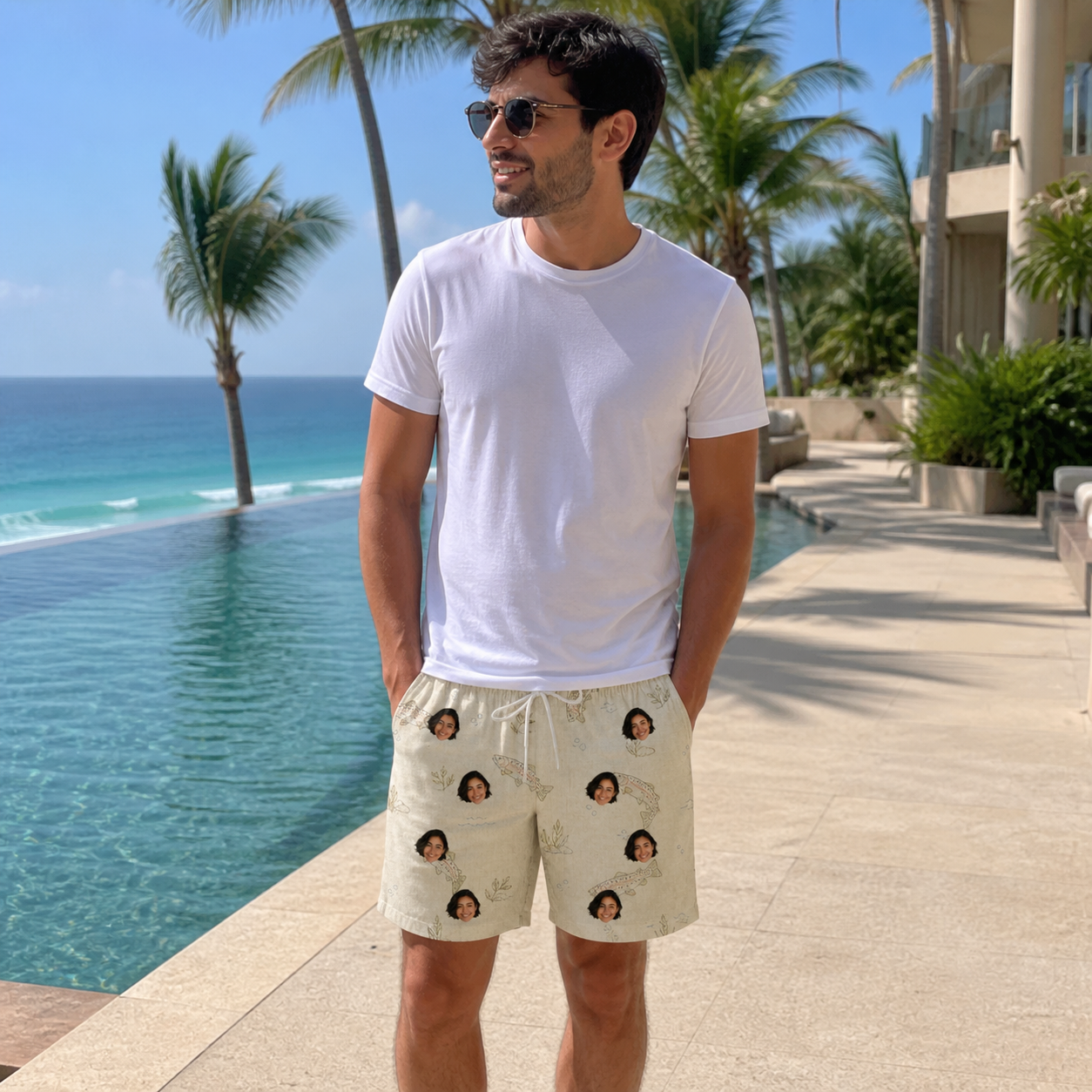 Real-life photo of someone wearing Men's Creek Chic Custom Face Beach Shorts — custom faces printed all-over