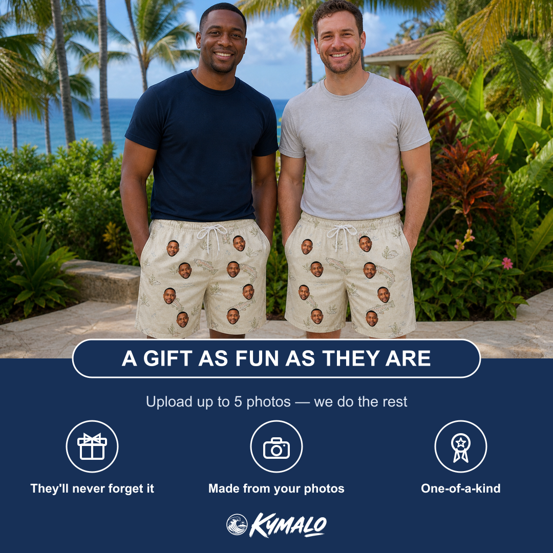 Friends in matching Men's Creek Chic Custom Face Beach Shorts — a group gift photo