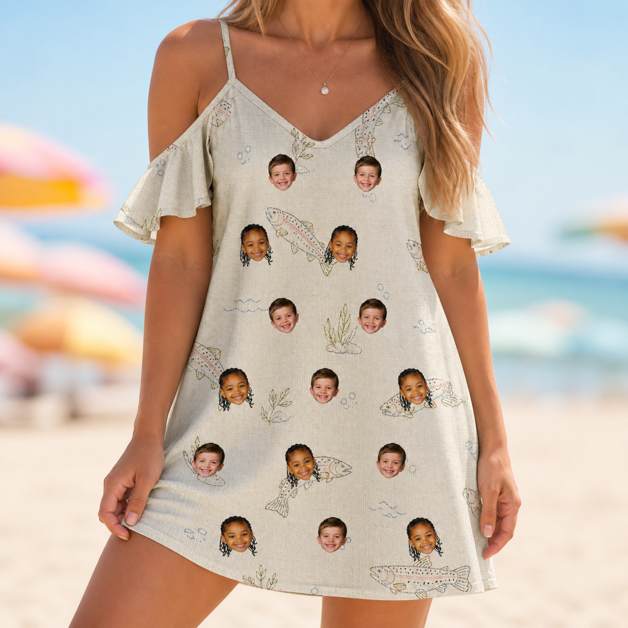 Model wearing Women's Creek Chic Custom Face Off-Shoulder Dress printed with kids' faces