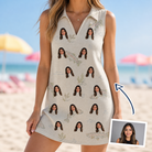 Woman wearing Women's Creek Chic Custom Face V-Neck Dress — custom faces printed all-over