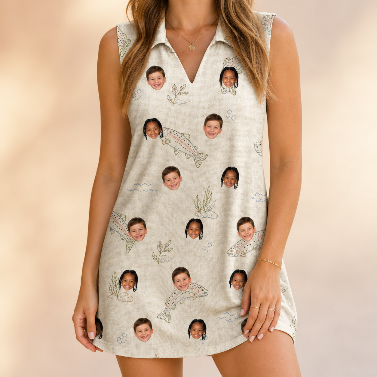 Model wearing Women's Creek Chic Custom Face V-Neck Dress printed with kids' faces