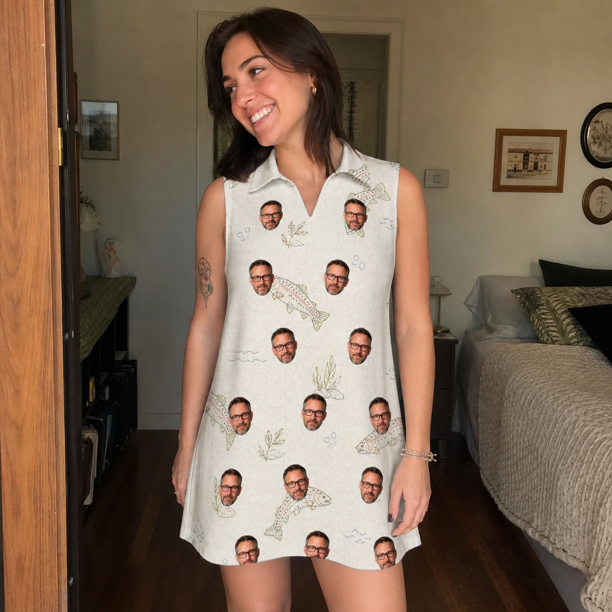 Real-life photo of someone wearing Women's Creek Chic Custom Face V-Neck Dress — custom faces printed all-over