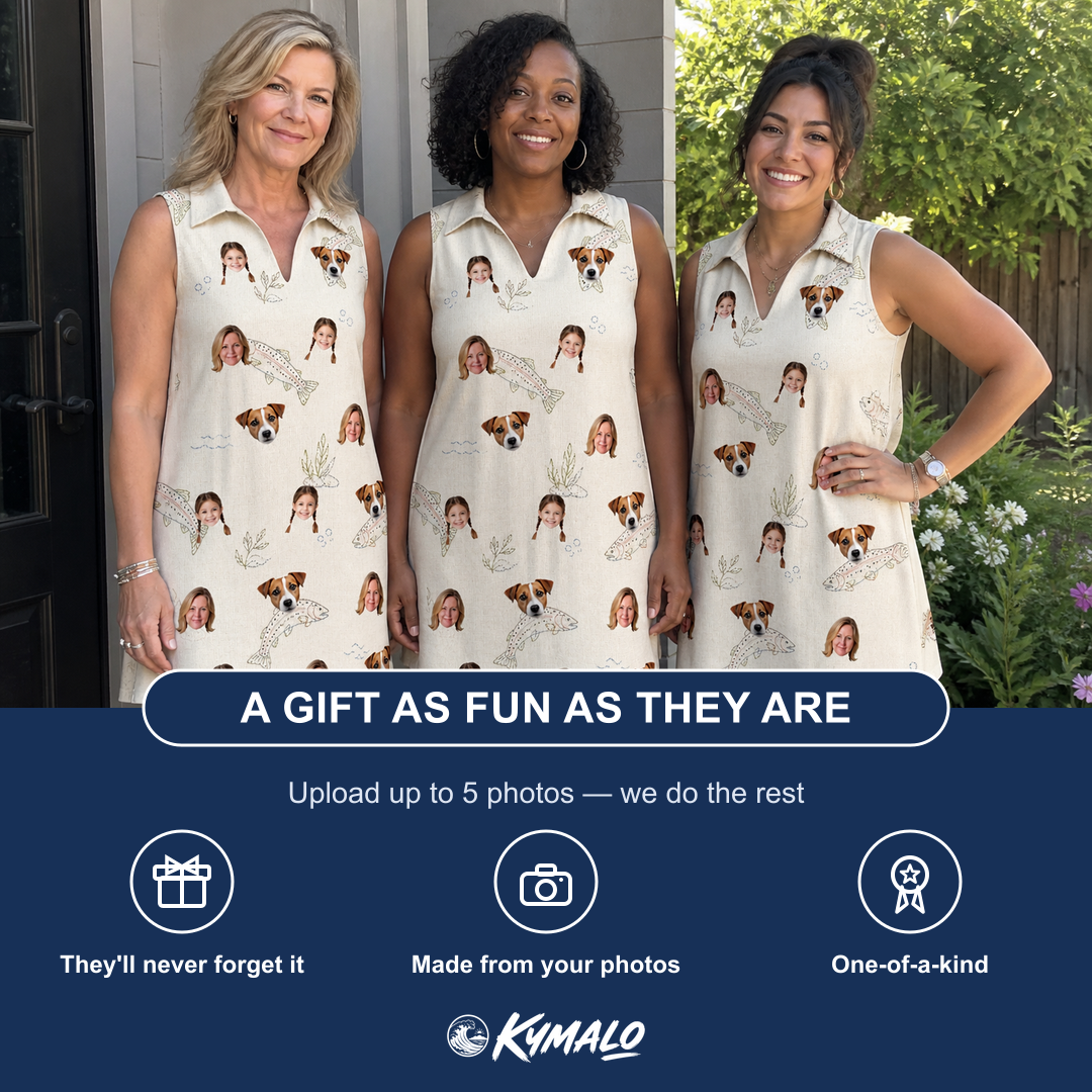 Friends in matching Women's Creek Chic Custom Face V-Neck Dress — a group gift photo