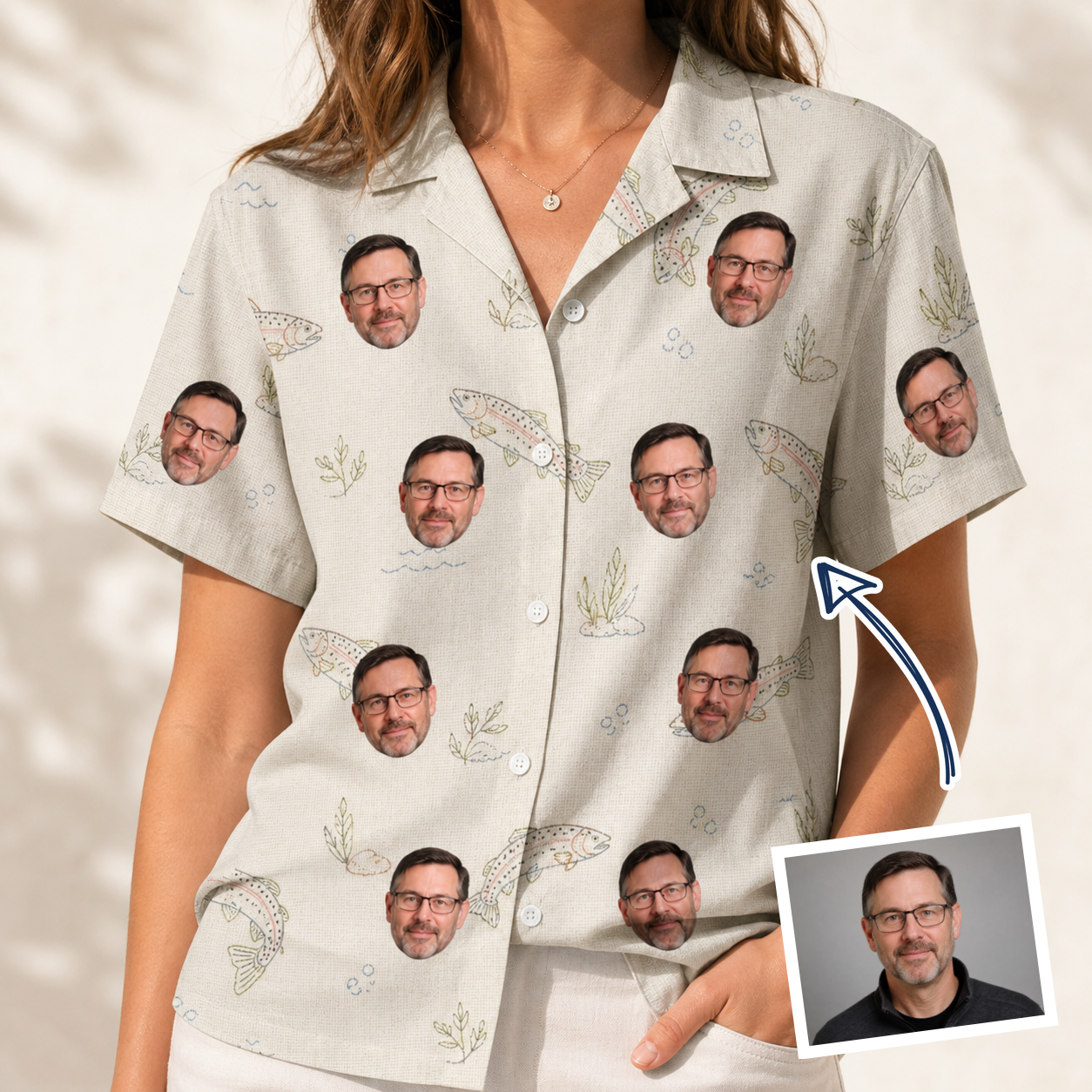 Woman wearing Women's Creek Chic Custom Face Hawaiian Shirt — custom faces printed all-over