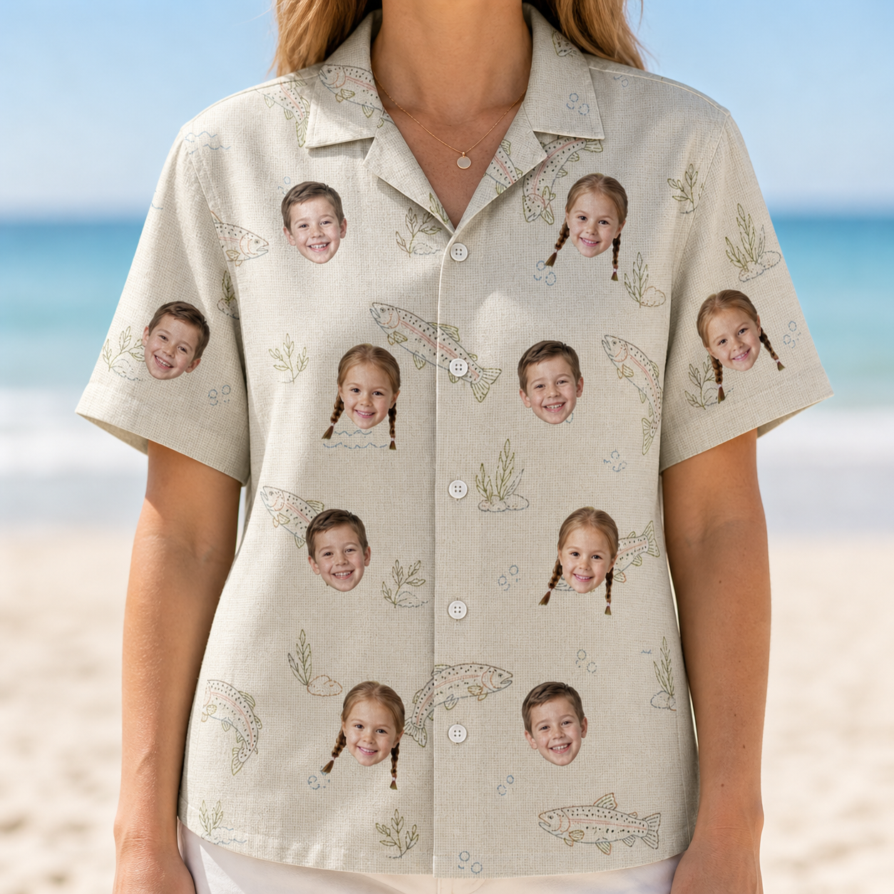 Model wearing Women's Creek Chic Custom Face Hawaiian Shirt printed with kids' faces