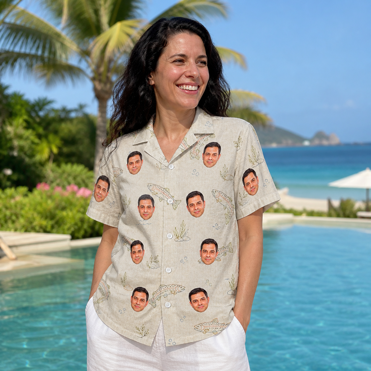 Real-life photo of someone wearing Women's Creek Chic Custom Face Hawaiian Shirt — custom faces printed all-over