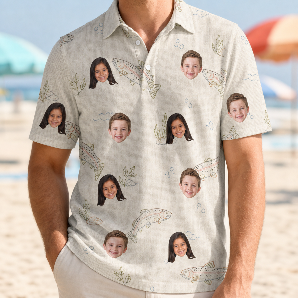 Model wearing Men's Creek Chic Custom Face Polo Shirt printed with kids' faces