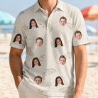 Model wearing Men's Creek Chic Custom Face Polo Shirt printed with kids' faces