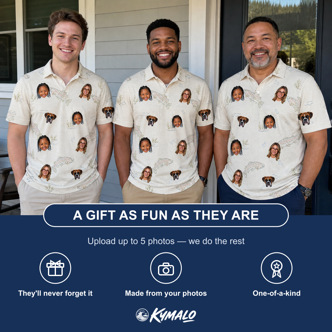 Friends in matching Men's Creek Chic Custom Face Polo Shirt — a group gift photo