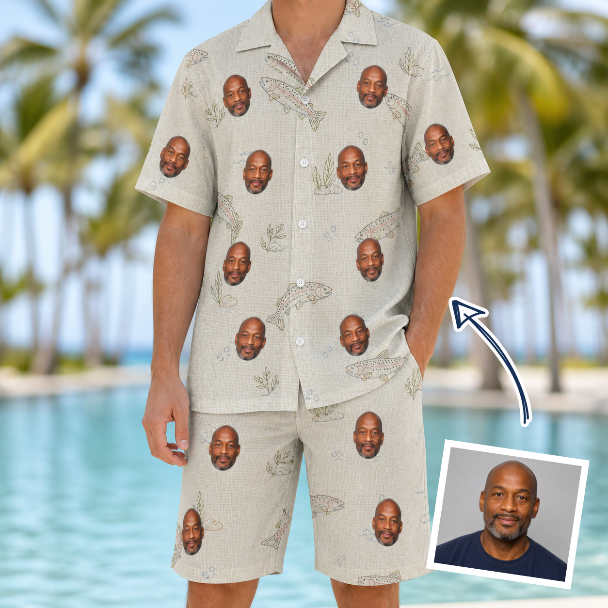 Man wearing Men's Creek Chic Custom Face Shirt & Shorts Set — custom faces printed all-over