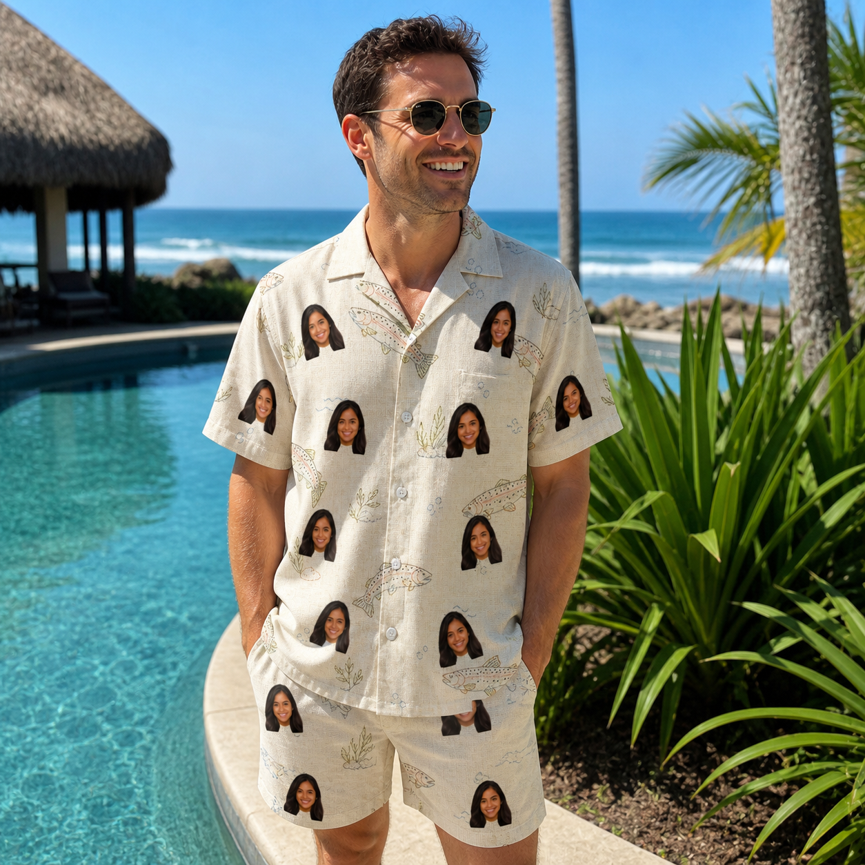 Real-life photo of someone wearing Men's Creek Chic Custom Face Shirt & Shorts Set — custom faces printed all-over