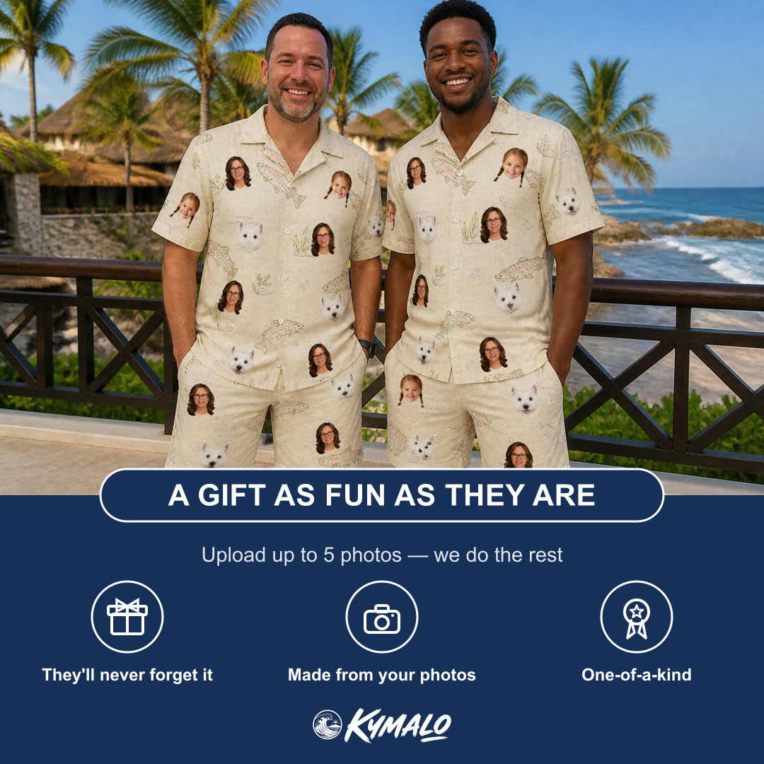 Friends in matching Men's Creek Chic Custom Face Shirt & Shorts Set — a group gift photo