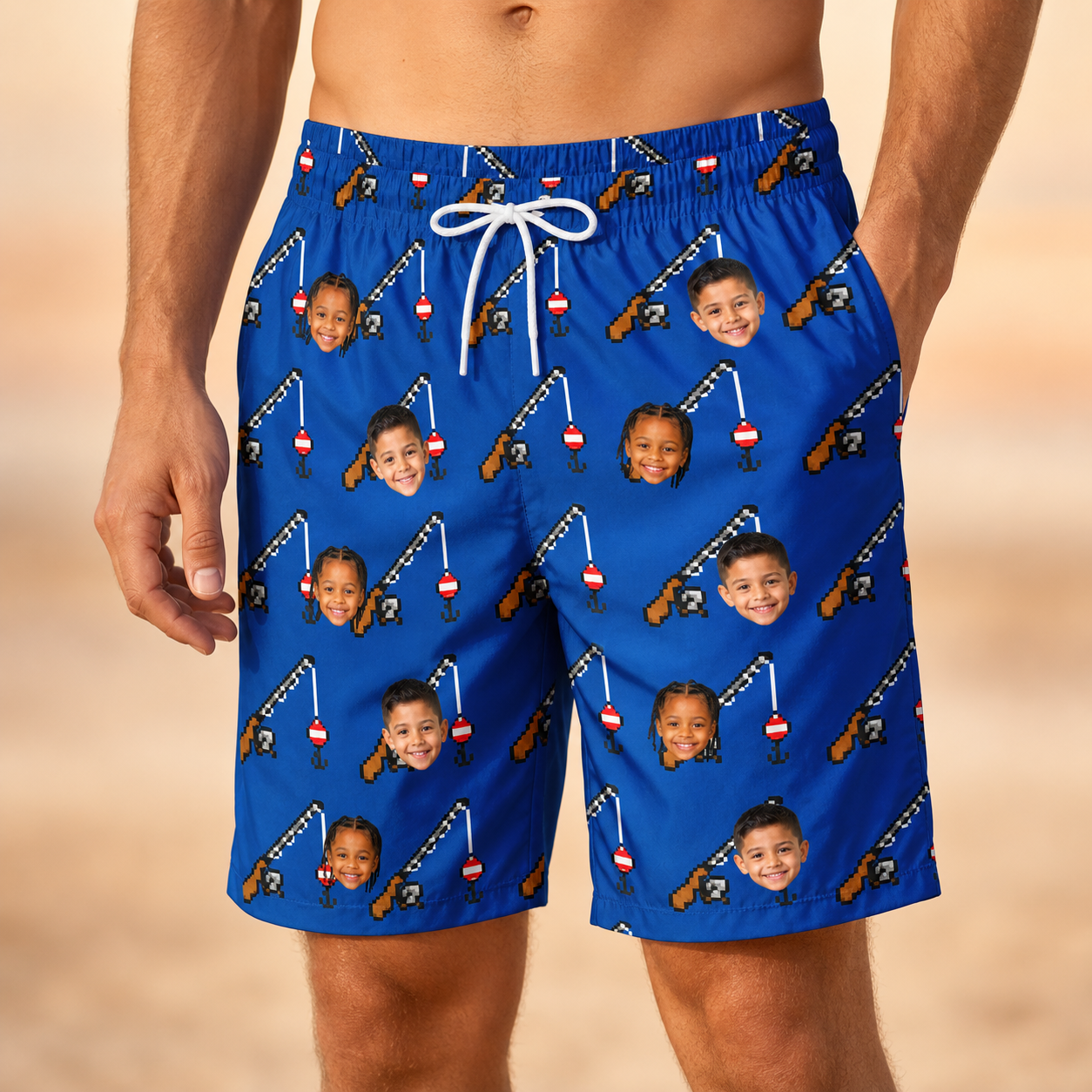 Model wearing Men's Rod Rodeo Custom Face Beach Shorts printed with kids' faces