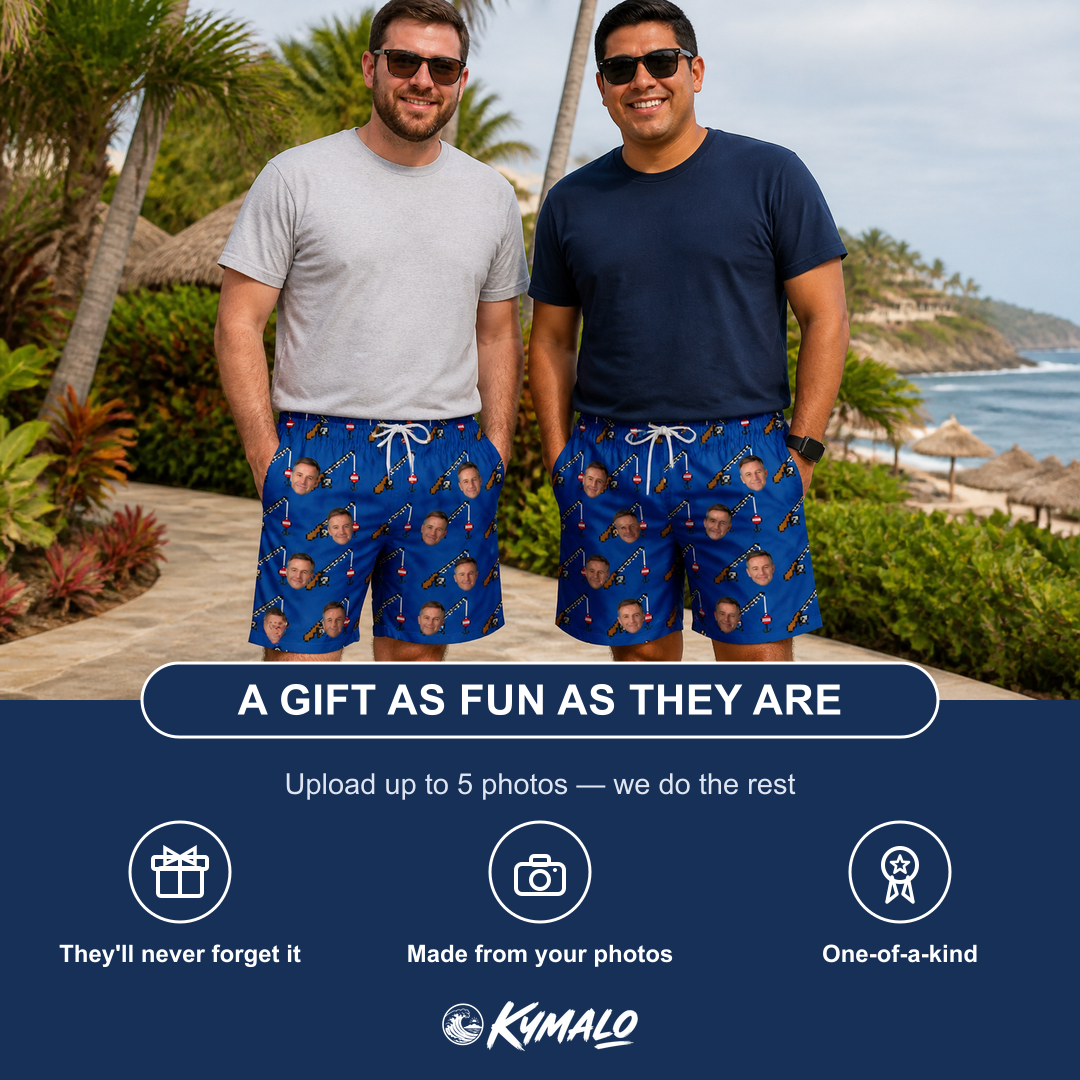 Friends in matching Men's Rod Rodeo Custom Face Beach Shorts — a group gift photo