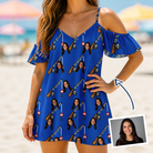 Woman wearing Women's Rod Rodeo Custom Face Off-Shoulder Dress — custom faces printed all-over