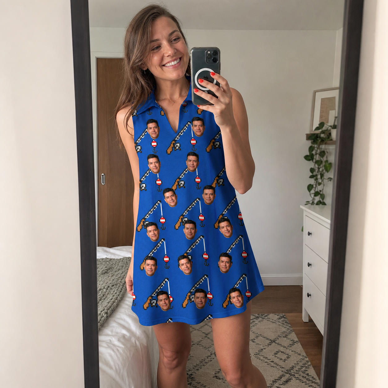 Real-life photo of someone wearing Women's Rod Rodeo Custom Face V-Neck Dress — custom faces printed all-over
