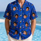 Model wearing Men's Rod Rodeo Custom Face Hawaiian Shirt printed with kids' faces