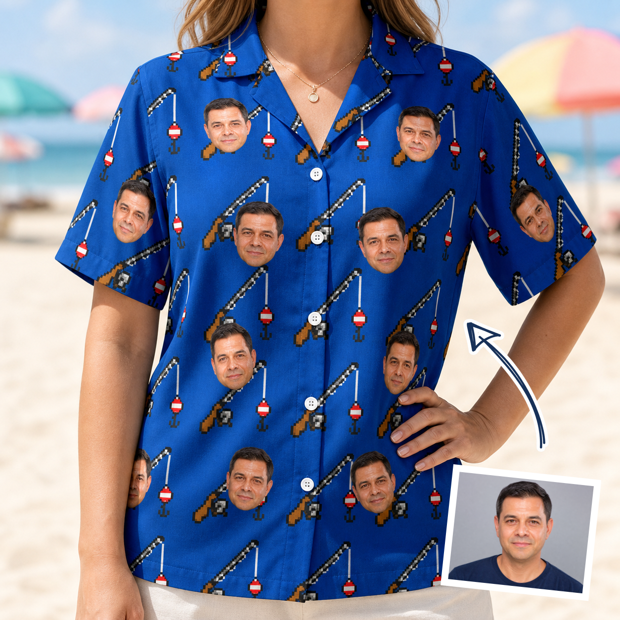 Woman wearing Women's Rod Rodeo Custom Face Hawaiian Shirt — custom faces printed all-over