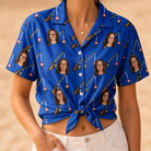 Woman wearing Women's Rod Rodeo Custom Face Hawaiian Shirt tied at the waist