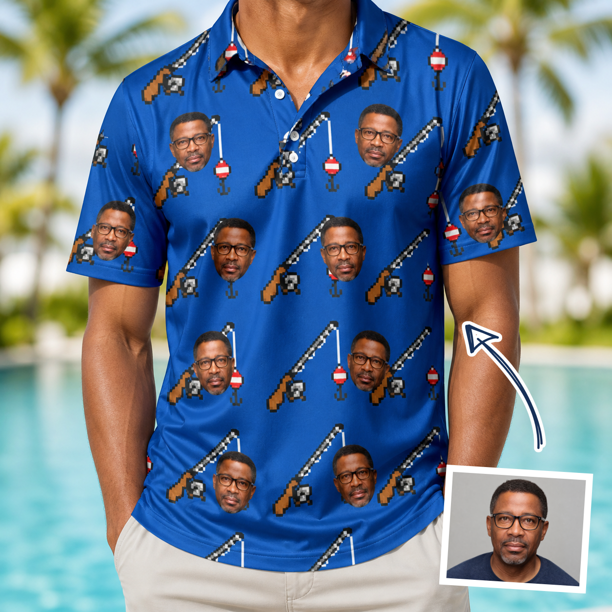 Man wearing Men's Rod Rodeo Custom Face Polo Shirt — custom faces printed all-over