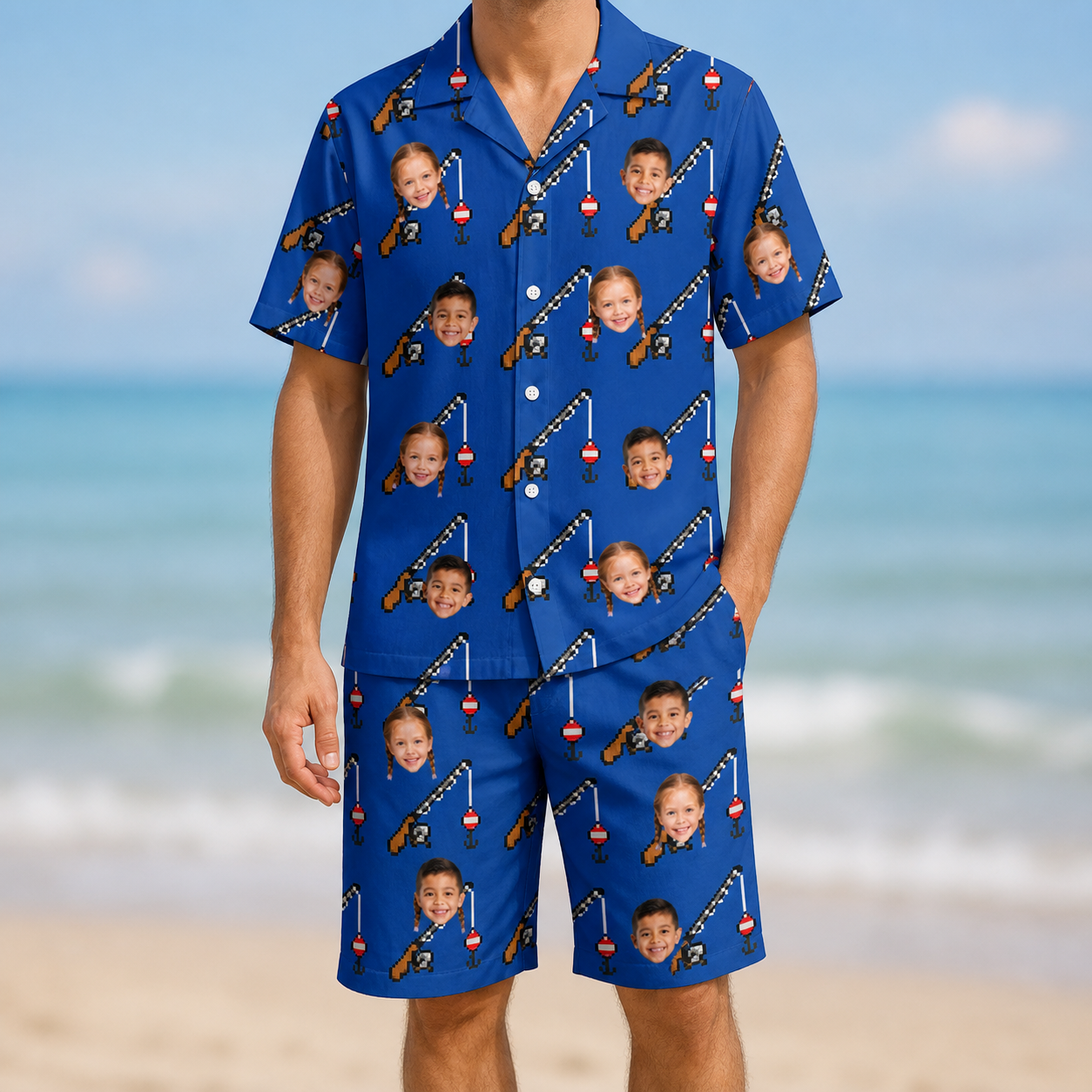 Model wearing Men's Rod Rodeo Custom Face Shirt & Shorts Set printed with kids' faces