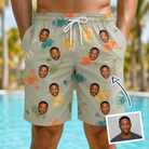 Man wearing Men's Handle Hijinks Custom Face Beach Shorts — custom faces printed all-over
